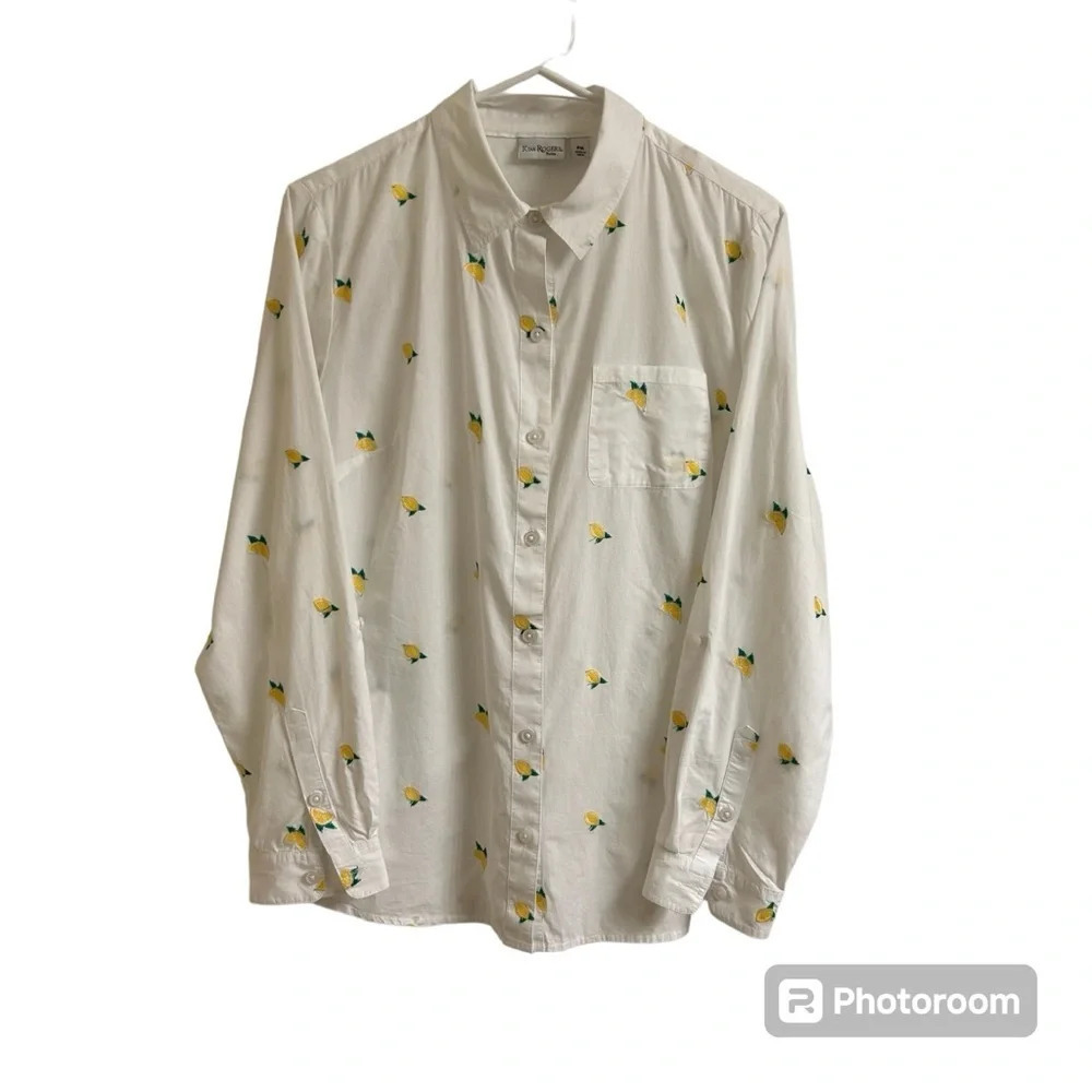 Kim Rogers Womens PM Lemon White Button Up Embroidered Roll Tab Sleeve Shirt Top